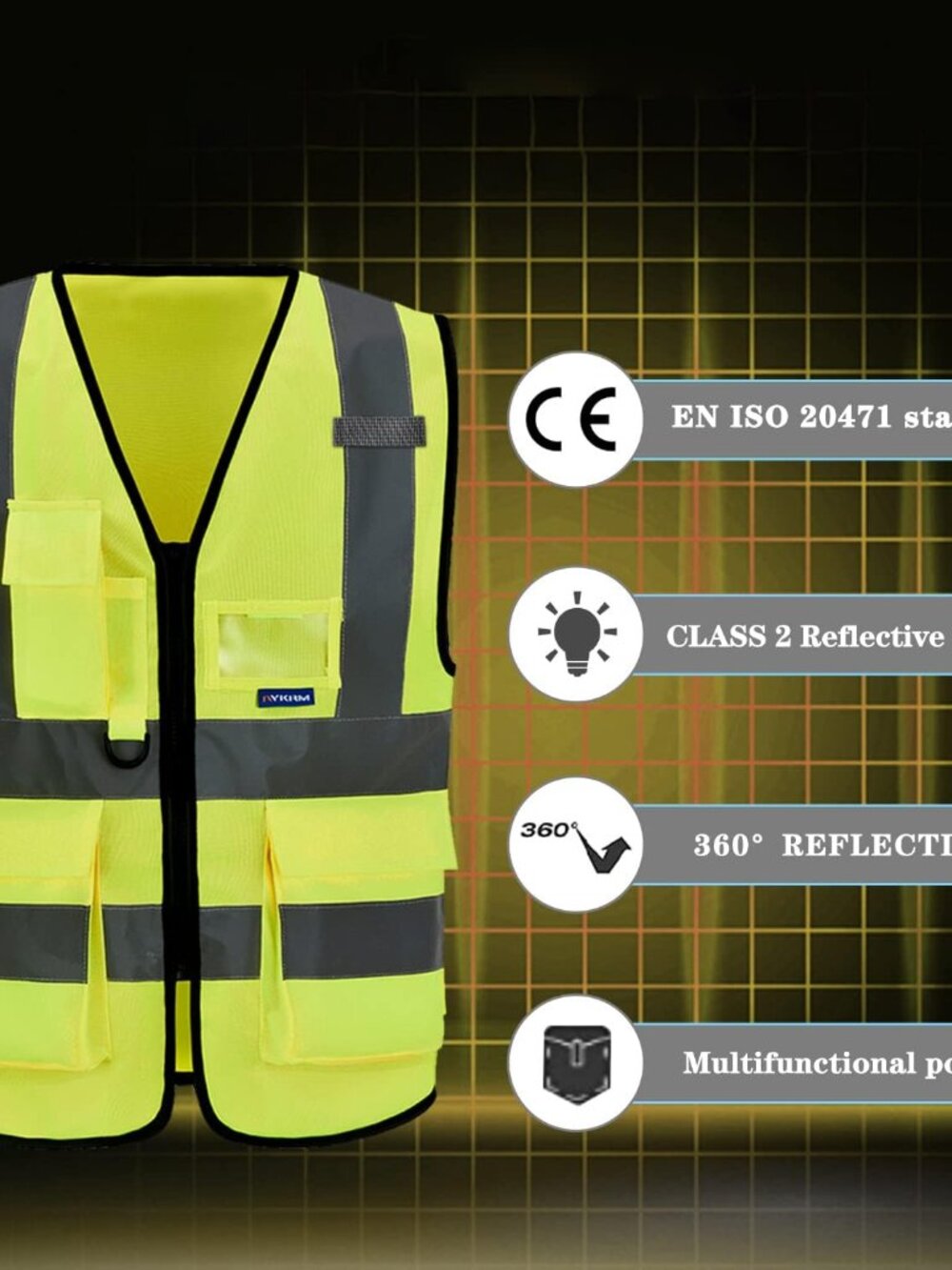 7pocket High Visibility Safety Vest Zipper, Construction Vest Reflective Strips - Picture 4 of 8